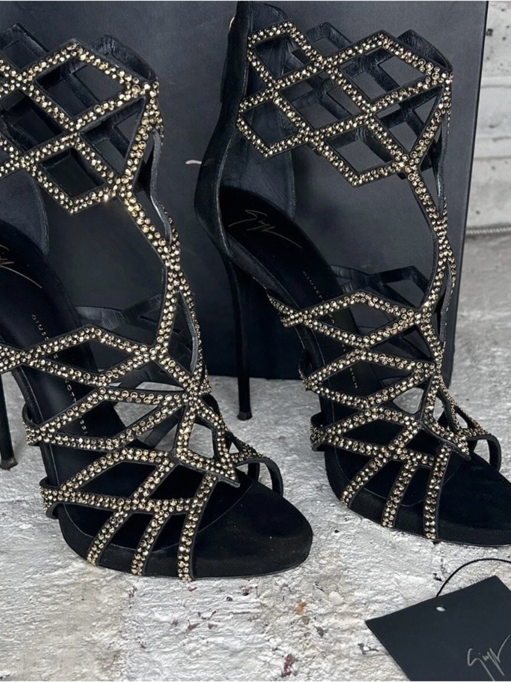 Giuseppe Zanotti Black Crystal Cage Stiletto Sandals